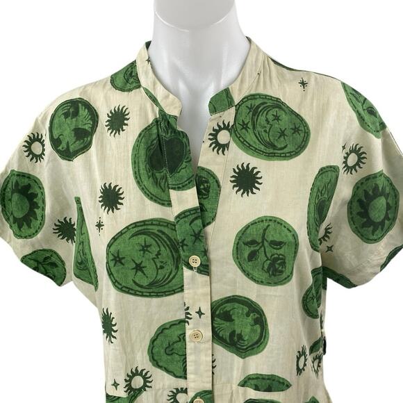 Zara Green Multicolor Printed Pleated Short Sleeve Button Down Shirt Dress Sz S - Picture 3 of 5